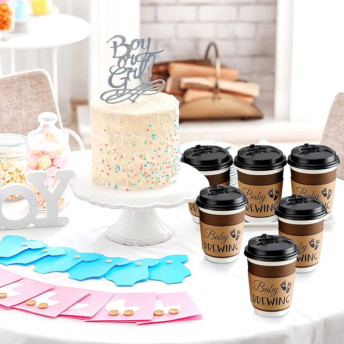 Newtay 50 Counts Baby Is Brewing Coffee Sleeves, Disposable Kraft Paper Cup Sleeves for Baby Shower, Gender Reveal, Halloween Party Decorations, Fits 12 16 or 20 oz Hot Cold Drinks Paper Cup(Playful)
