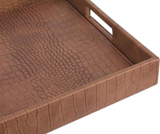 HofferRuffer Rectangle Serving Tray with Hole Handles for Coffee Table, Breakfast, Tea, Food, Butler - Countertop, Kitchen, Vanity Serve Tray, 16.2 x 12.2 x 2 inches, Faux Leather (Antique Brown)