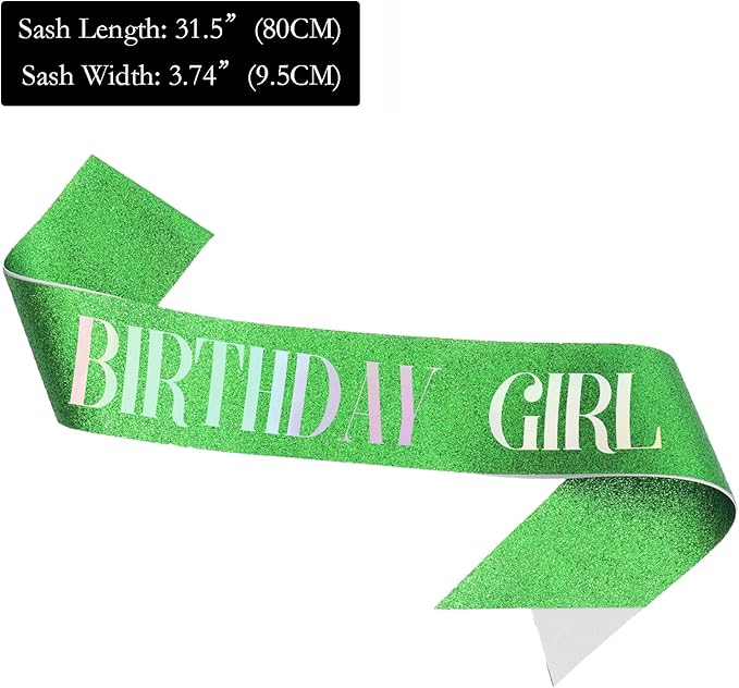 Birthday Sash for Girl, Dazzle Foil Letter Glitter Green Birthday Sash for Women Girl Kids Teenager Bday Gifts Party Favors Photo Prop