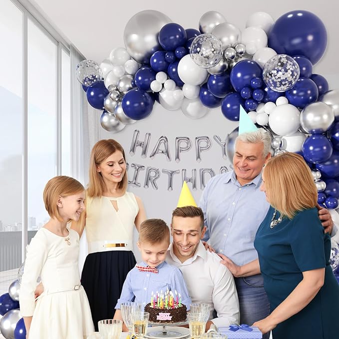147pcs Navy Blue and Silver Balloon Garland Arch Kit, 18 12 10 5 inch Royal Blue Metallic Silver White Balloons for Birthday Baby Shower Bachelorette Wedding Graduation Party Decorations