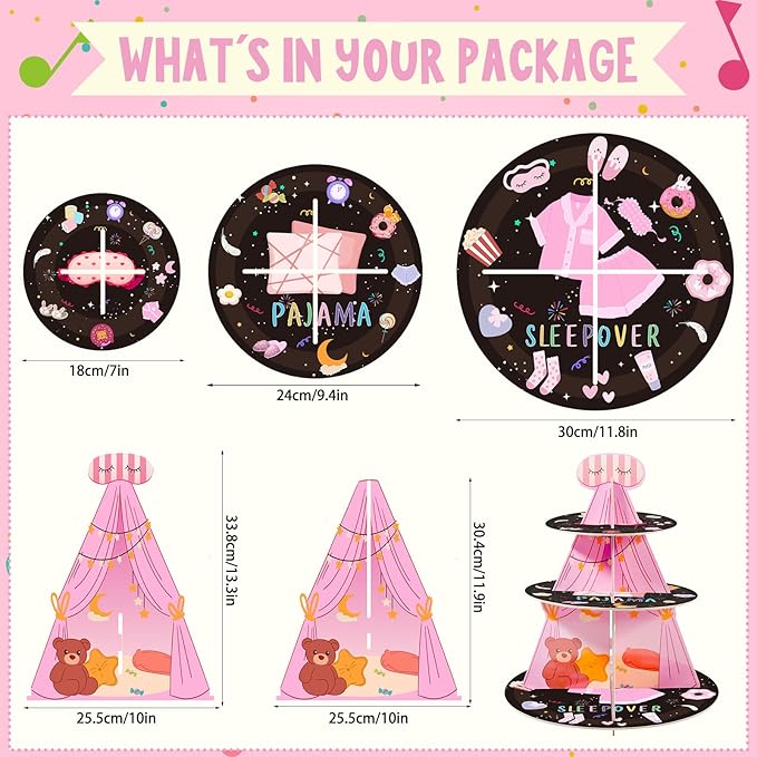 3-Tier Cake Stand for Girls Birthday Party Decorations - Pink and Black Orbicular Cardboard Dessert Stand for Sleepover Party Supplies,Slumber Decorations,Sleep Over Tents for Girls