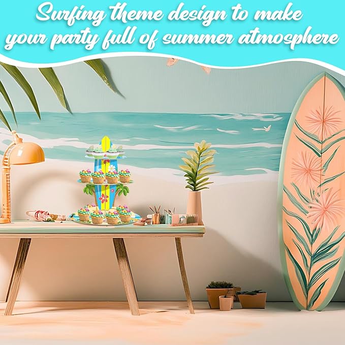 3-Tier Cupcake Stand for Beach Party Decorations - Multi-Colored Tropical Luau Pool Party Supplies, Hawaiian Themed Birthday Cake Stand for Baby Shower Wedding Decorations
