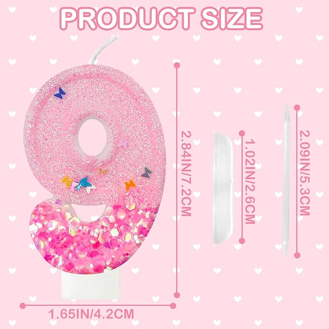 Pink Sequin Birthday Candles, Cake Number Candles, Girls 0th Birthday Decorations, Suitable for Birthday Parties, Anniversary Party Decorations(9)