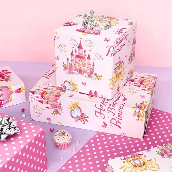 WERNNSAI Princess Castle Wrapping Paper - 1 roll 17”x33ft Happy Birthday Wrapping Paper Roll for Kids Girls Pink Carriage Castle Gift Wrap Roll Princess Theme Party Favor Polka Design