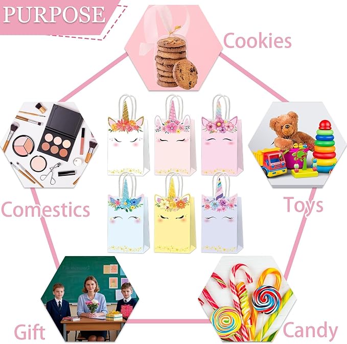 ZOIIWA 24Pcs Unicorn Party Favor Bags Rainbow Themed Treat Bags Pastel Unicorn Candy Goodie Bag Princess Paper Gift Bag with Handle Decorations for Birthday Baby Shower Wedding Party Decor Supplies