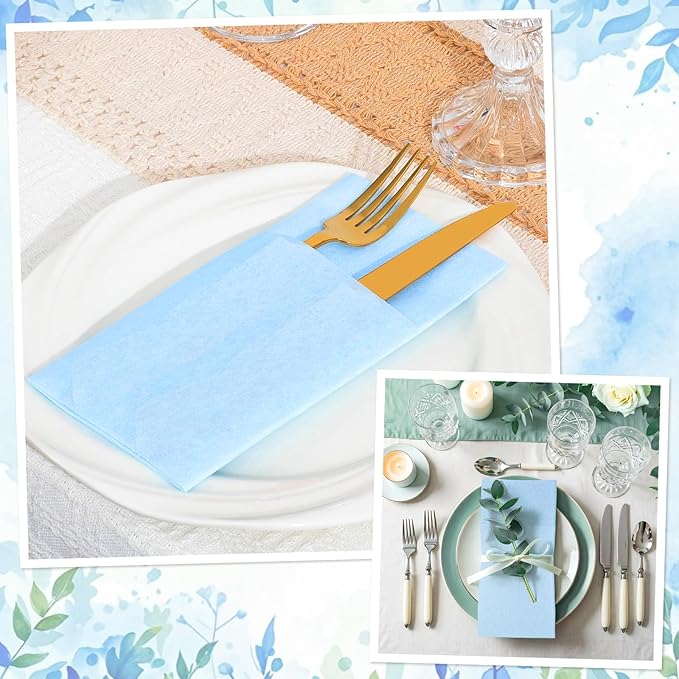 60 Pcs Light Blue Linen-Feel Paper Napkins with Built-in Flatware Pocket, Pocket Linen Napkins Prefolded Cloth Like Paper Napkins Bulk for Silverware Easter Wedding Baby Shower Birthday Bridal Party