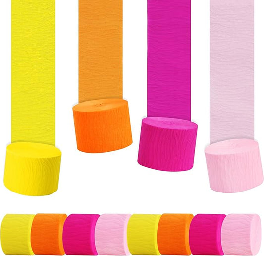BEISHIDA 8 Rolls Yellow Orange and Pink Crepe Paper Streamers for Hippie Retro Boho Theme Party Decorations Wedding Birthday Baby Shower DIY Craft Paper(1.8 Inch x 82 Ft/Roll)