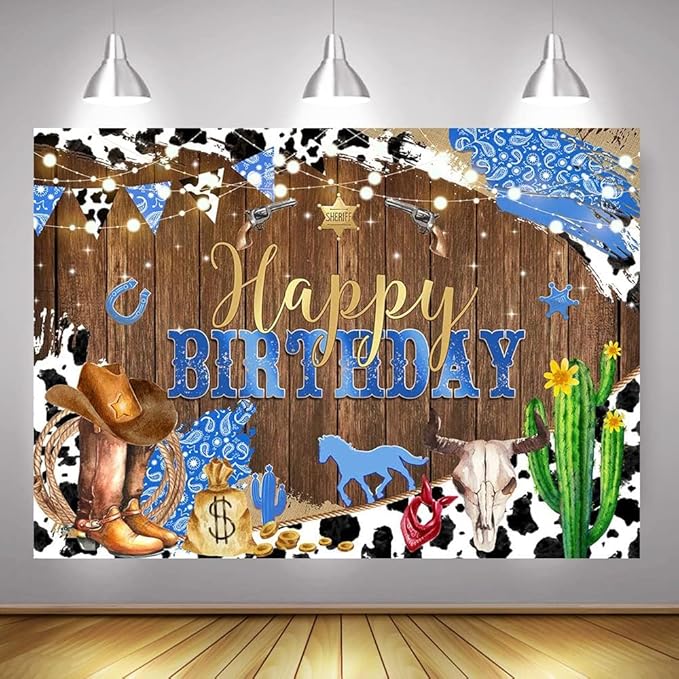 Mocsicka Western Happy Birthday Backdrop Brown Wood Kids Birthday Party Decorations Banner Rustic Old West Rodeo Photography Background Cowboy Party Supplies (8x8ft(96x96 inch), Blue)