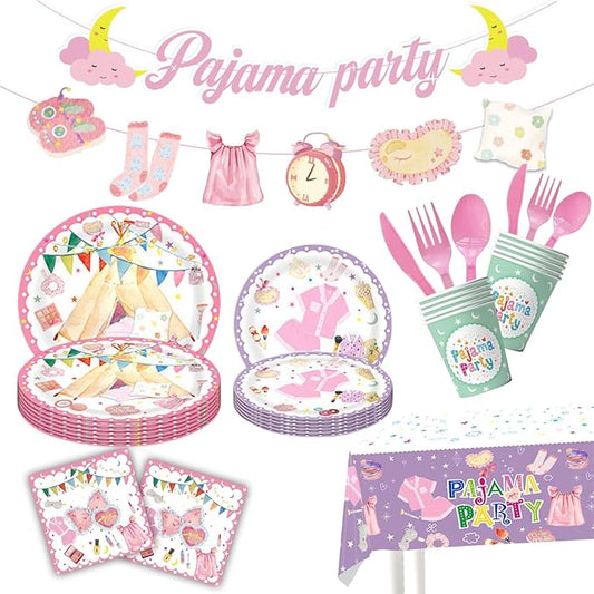 Pajama Party Decorations, Sleepover Party Supplies for Girls, 171 Pcs Pajama Party Paper Plates and Napkins Set for Birthdays Girl’s Parties Spa Parties Baby Shower Serve 24 Guests