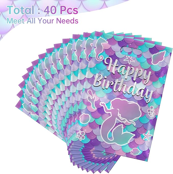 40Pcs Mermaid Birthday Party Favor Bags, Mermaid Goodie Bags with Handles,Ocean Mermaids Gift Candy Treat Bag for Kids Girls Baby Shower Mermaids Themed Under the Sea Party Decorations Supplies Favors