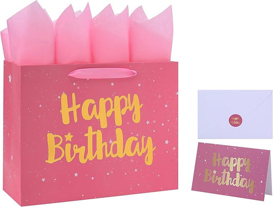Qirrmiy 13" Large Pink Gift Bag Set with Greeting Card and Tissue Papers (Stars and Gold Foil ‘Happy Birthday’) for Women's Party, Girls' or Kids' Birthday Parties, Baby Girl, 13”x5.2”x10.2”, 1 Pcs.