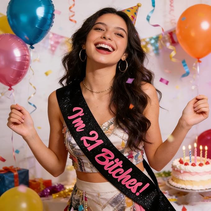 Birthday Sash, I'm 21 Bitches Pink Foil Letter Glitter Black 21st Birthday Sash for Girl 21st Funny Bday Gifts Party Favors Photo Prop
