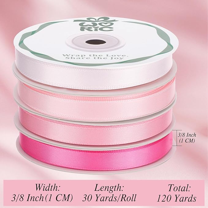 woric 120 Yards Pink Satin Ribbon 3/8 Inch x 4 Rolls, 30 Yd/Roll Mothers Day Craft Thin Ribbon for Graduation Leis Gift Wrapping Hair Bows Baby Bridal Shower Wedding Decor
