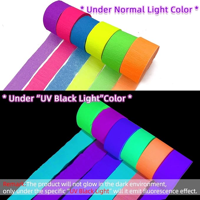 1260feet Glow in The Dark Neon Paper Streamers Blacklight Party Neon Streamer Decorations 12 Rolls Glow Crepe Paper UV Reactive Fluorescent Neon Fiesta Glow Party