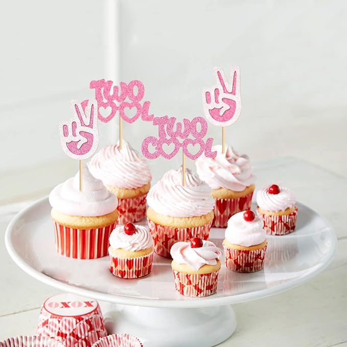 Ercadio 24 Pack Two Cool Cupcake Toppers Glitter Pink Two Cool Happy 2nd Birthday Cake Picks Baby Shower Kids Second Birthday Party Cake Decorations