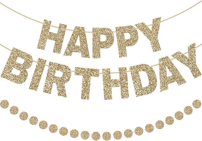 GCQQ Champagne Gold Happy Birthday Banner - Pre-Strung Glitter Gold 3M Pre-Strung Letter Banners + 2.5M Dot Garland Birthday Party Decorations for Women, Bridal Shower, Baby Shower & Anniversary
