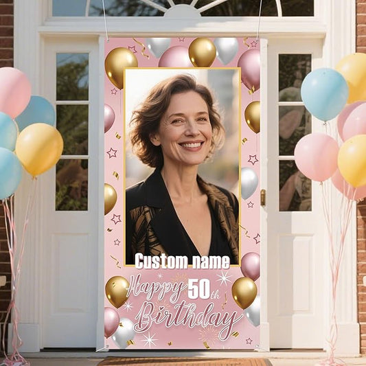 Dicodes Personalized Happy Birthday Door Banner Custom Photo Birthday Photography Background Decorations Party Supplies for Women Men (Rose Pink)