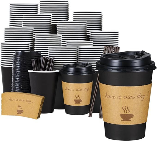 Lamosi 12 oz Coffee Cups with Lids 100 Pack, 12 oz Disposable Coffee Cup with Stir Sticks and Sleeves, To Go Hot Paper Cup for Home, Travel, Office