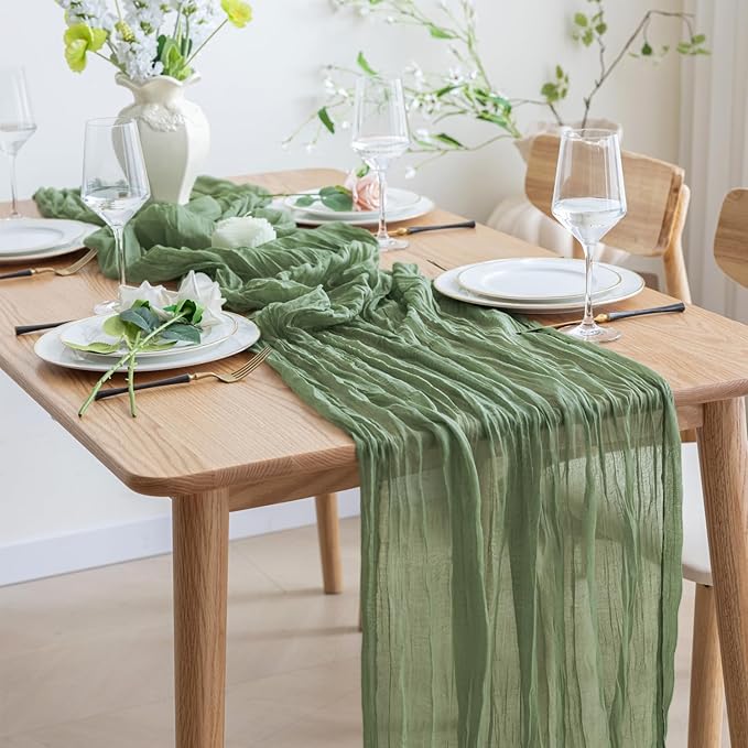 Asee'm 3pcs Cheesecloth Table Runner 120 Inches Sage Green Boho Gauze Cheese Cloth Runner 10FT Rustic Sheer Table Runners for Summer Wedding Baby Shower Holiday Party Decoration