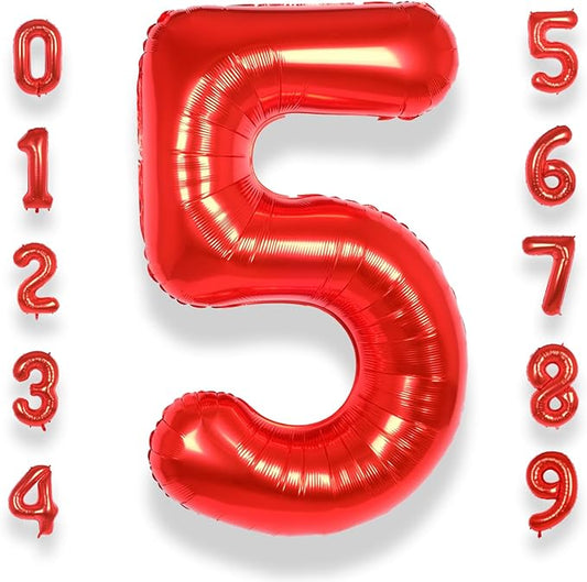 AULE 40 Inch Big Red 5 Balloon Number Large Foil Helium Number Balloons 0-9 Jumbo Giant Happy 5th Birthday Party Decorations for Boy or Girl Huge Mylar Anniversary Party Supplies