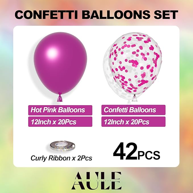 AULE Party Balloons Pack of 42 - Metallic Chrome Hot Pink Balloons and Hot Pink Confetti Latex Helium Balloons With 64ft Ribbons - 12 Inch Balloon Decoration Set