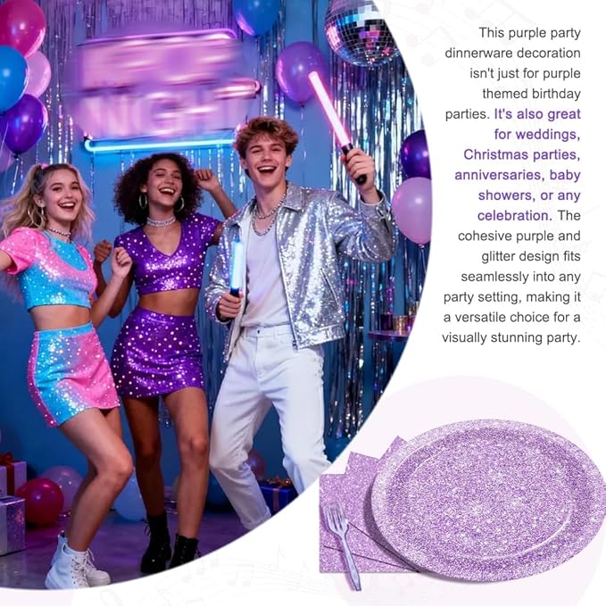 80Pcs Glitter Purple Paper Plates Set, Birthday Party Supplies Disposable Tableware Set Napkins and Forks, Birthday Decor for Girls, Kids Bachelorette & Graduation Parties, 20 Guests