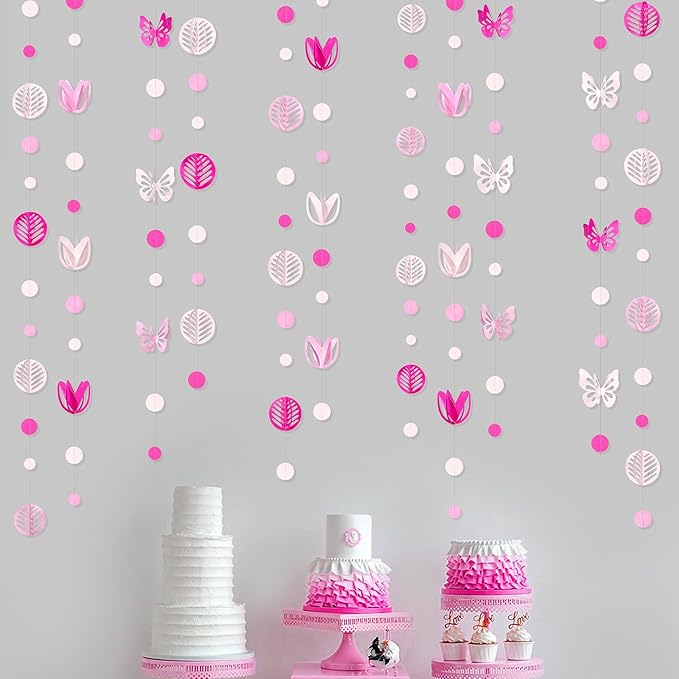 Spring Party Decorations Hot Pink White 3D Butterfly Tulip Flower Leaf Circle Dot Garland Hanging Paper Streamer for Pink Spring Summer Wedding Engagement Bridal Shower Birthday Tea Party Supplies