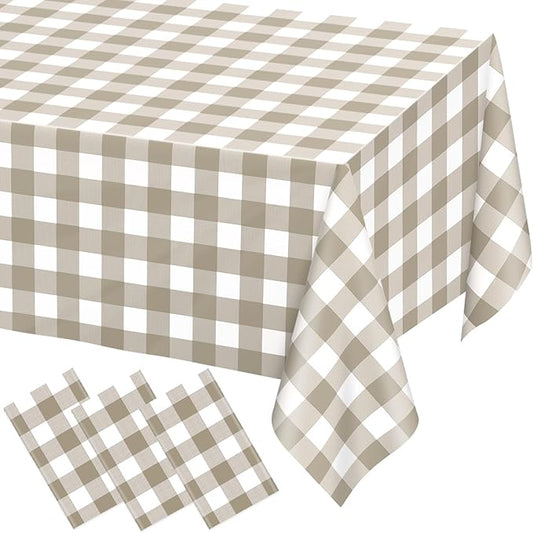 WNINK 3 Pack Brown Checkered Rectangular Plastic Tablecloths, Brown and White Gingham Waterproof Disposable Table Covers 54" x 108" for Birthday, Baby Shower, Wedding, Outdoor Picnic Parties