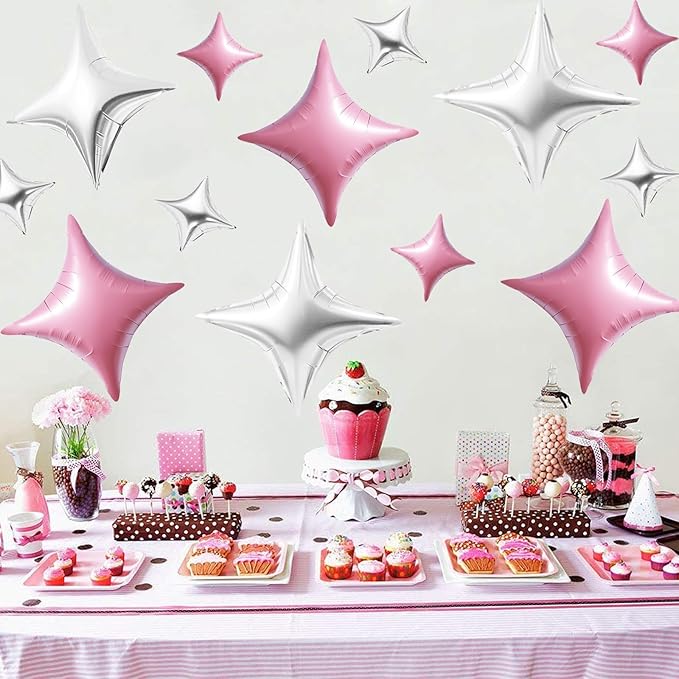 TONIFUL 30Pcs 26In&10In Star Balloons Pink and Silver Four Pointed Star Shape Foil Balloons Mini Star Mylar Balloons for Birthday Wedding Baby Shower Anniversary Engagement Party Decor Supplies