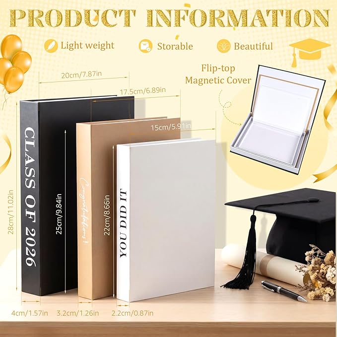 Threehoney 3 Pcs Graduation Table Centerpieces Class of 2026, Graduation Book Centerpiece Congratulate Grad Decoration Decorative Book Storage Box Table Home Party Decor(Black, White, and Yellow)