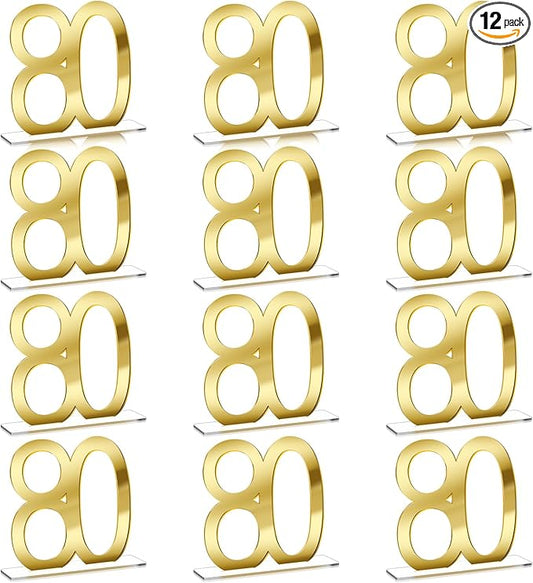 Threehoney 12 Pcs Mirror Gold 80th Birthday Decorations for Men and Women Acrylic Anniversary Decorations Table Numbers Centerpieces for Birthday Party