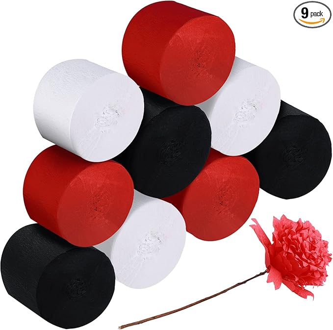 9 Rolls Crepe Paper Streamers Party Decorations 246 Yards in 3 Colors for Xmas Hanging Backdrops Party Decorations Christmas DIY Craft Supplies(Simple Style,Black, White, Red)