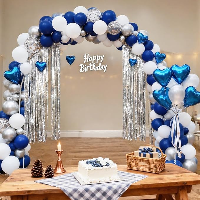 RUBFAC 65pcs Navy Blue Silver Balloons, 12 Inches Navy Blue White Metallic Silver Chrome Party Balloons with Ribbons for Birthday, Wedding, Graduation Cowboys Decorations