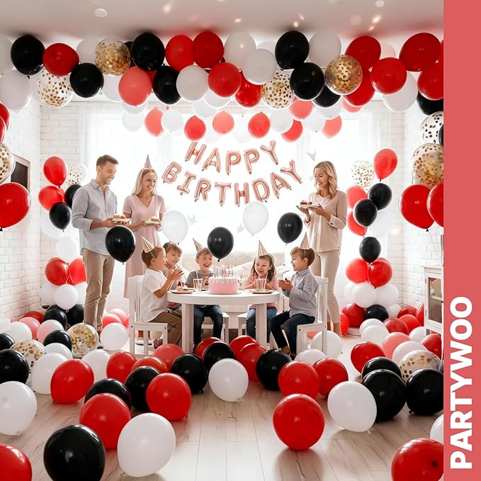 PartyWoo Red and Black Balloons 66pcs 12 Inch Matte Black Red White Confetti Balloons for Graduation Men Birthday Wedding Anniversary Bachelorette Racing Car Casino Retirement Party Decorations