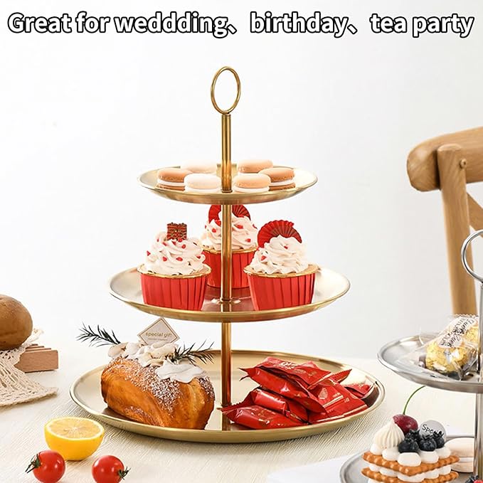 YOUNTHYE 2PCS Gold Cupcake Stand 3 Tiered Dessert Stand Stainless Steel Cupcake Display Stand Party Serving Trays Gold Cake Holder for Holiday Dessert Table Decorations Birthday Wedding
