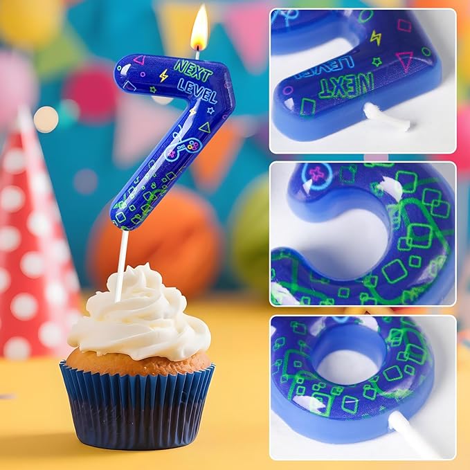 Number 7 Birthday Candle for Cake – Blue Gaming Theme Number Candle with “Next Level” Design, Video Game Style Cake Topper for Anniversary & Celebration