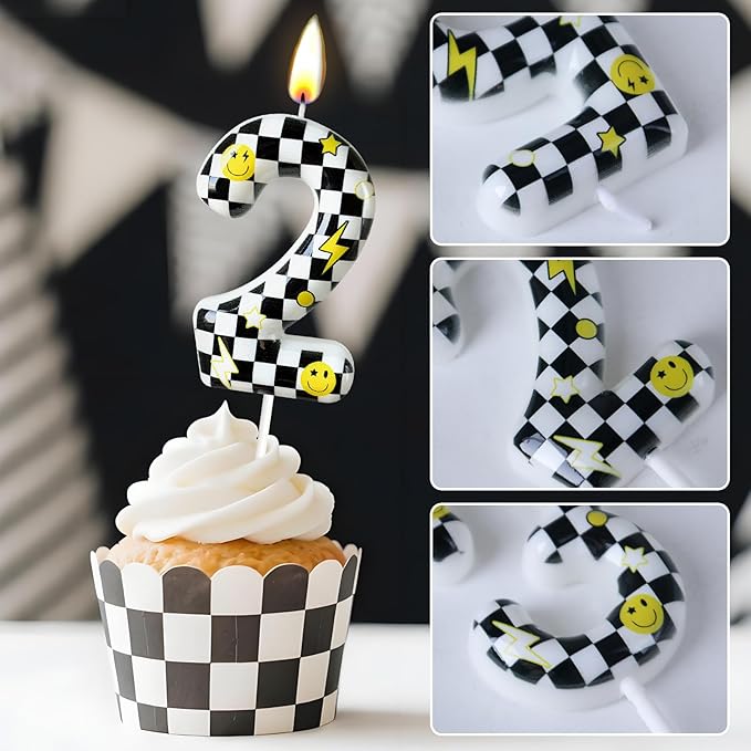 Number 2 Birthday Candle for Cake – Black White Checkered Smiley Design with Lightning & Star – Two Happy Dudes Theme Cake Topper for Birthday Party Decorations