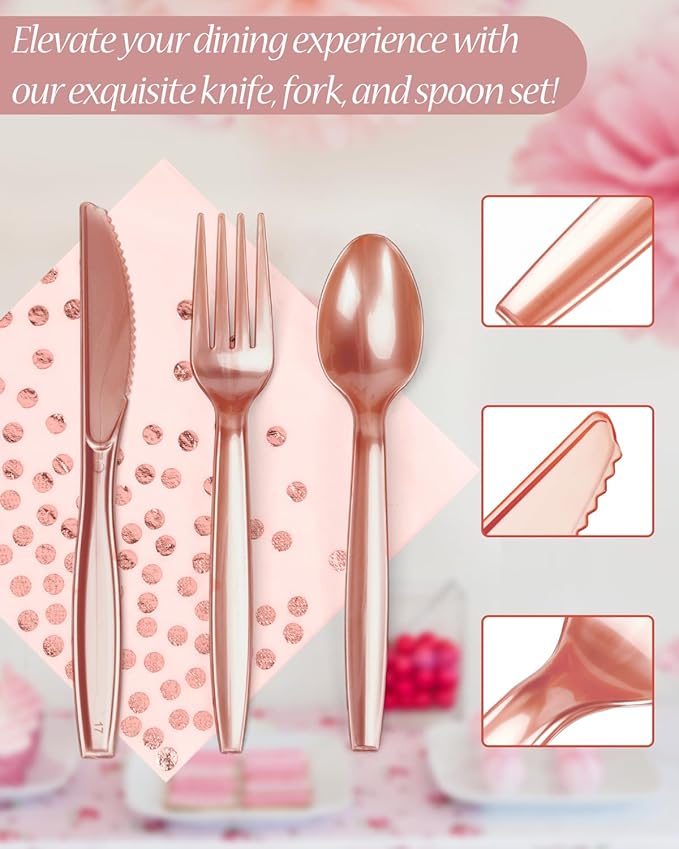350 Pieces Party Supplies, Pink and Rose Gold Dots Party Plates Cups and Napkins Sets with Plastic Knives forks spoons, Disposable Tableware Serves 50 Sets for Wedding, Birthday, Graduation, Festivals