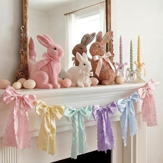 VitalCozy Easter Pastel Bow Garland Decor for Coquette Party Decorations, Pre-Strung Satin Ribbon Birthday Party Garland Bow Banner for Valentine Bridal Shower Bachelorette Wedding Birthday Engagement
