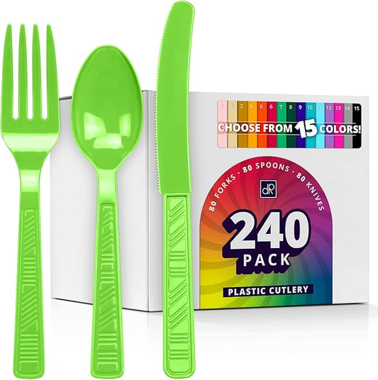 DecorRack Plastic Cutlery Set, Lime Green Colored Plastic Silverware Sets for Parties, 240 Piece Bulk Heavy Duty Utensils (Lime Green, 240 Pieces)
