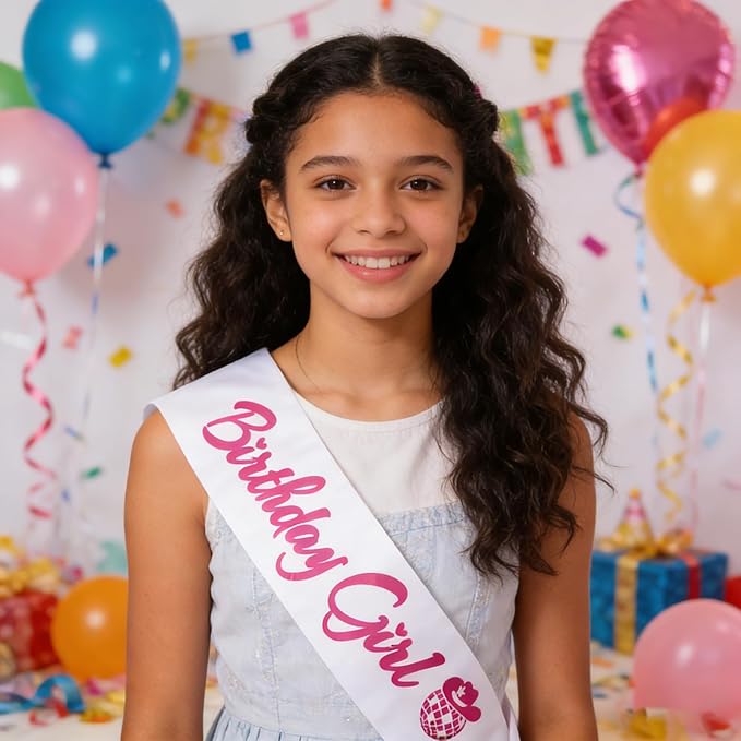 Birthday Girl Sash, Disco Cow Birthday Sash for Cowgirl Funny Birthday Gift Ideas Suppiles, White+ Pink Foil