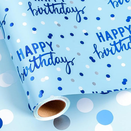 MAYPLUSS Birthday Wrapping Paper Roll - 17 Inch X 16.5 Feet - Blue Glitter Happy Birthday Lettering Metallic Foil Paper Girl Gift Wrap w/Polka Dot for Party