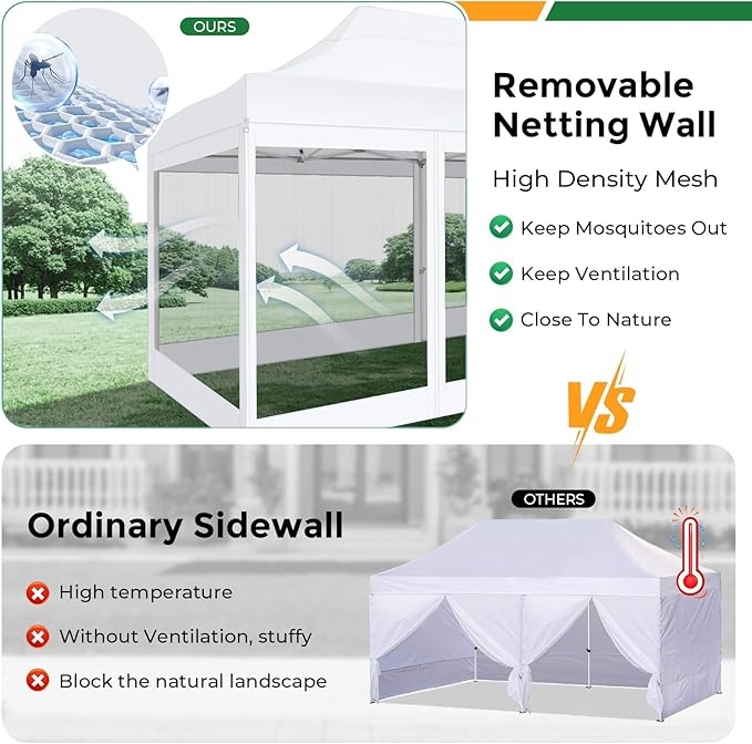 COBIZI 10x20 Heavy Duty Pop Up Canopy Tent with 6 Sidewalls, Easy Set Up Outdoor Waterproof Screen Commercial Party Tent with Mosquito Netting for Parties Backyard Patio, Roller Bag, White