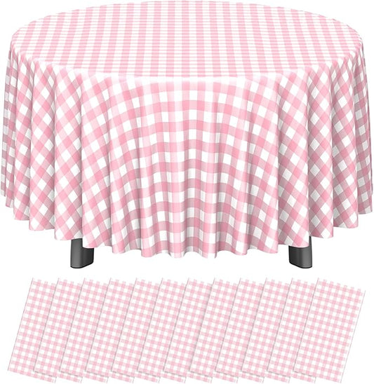 12 Pack Pink Gingham Tablecloth Round, Premium Decorative Disposable Pink and White Checkered Plaid Table Cloths for Parties, Round Party Table Cover for Picnic Farm Birthday Wedding Festivals, 84Inch