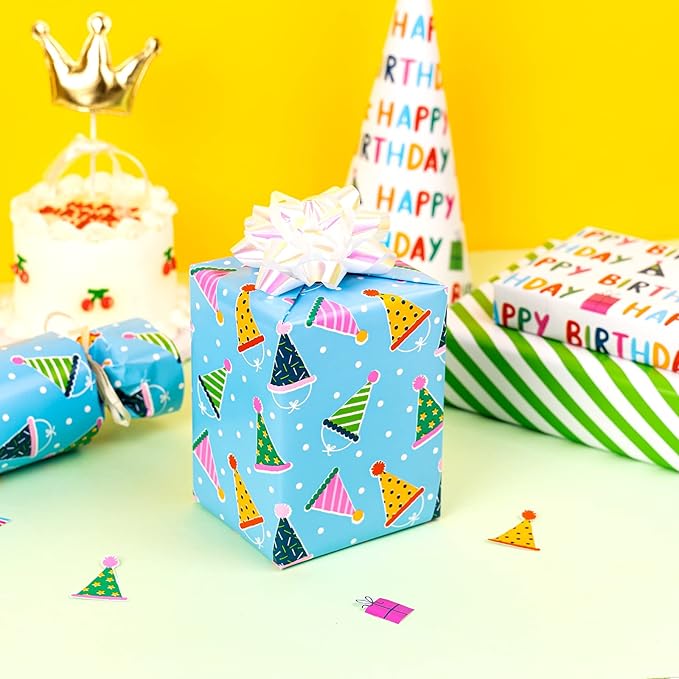 WRAPAHOLIC Mini Birthday Wrapping Paper Rolls - 3 Rolls, 17 Inch X 120 Inch Each - Happy Birthday Lettering and Stripe for Kids, Baby Shower