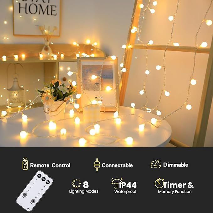 RaThun Globe String Lights Plug in 116 Ft. 200 LED 8 Modes with Remote,Waterproof Fairy String Lights for Indoor Outdoor Bedroom Party Wedding Garden Christmas Tree Decor,Warm White