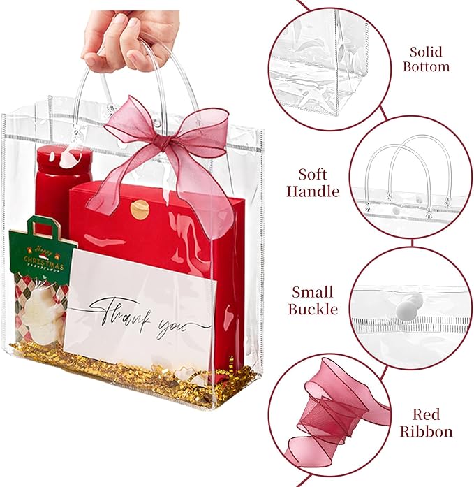 Jutieuo 20 PCS Clear Gift Bags with Handles, 9.8 x 9.8 x 3.5 Inches Reusable Plastic Goodie Bag Transparent Party Favor Bags Bulk for Weddings Birthdays Events, Classrooms & Celebrations