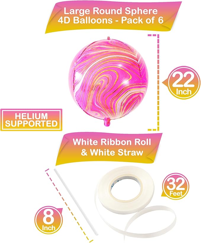 KatchOn, Big 22 Inch Pink Marble Balloons - Pack of 6 | Agate Pink Balloons For Valentines Decorations | Hot Pink and Orange Balloon for Graduation Decoration | Orange and Pink Mylar Balloon