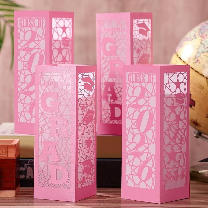 Rossesay 6 Pcs Graduation Table Centerpieces Boxes Class of 2026 Graduation Lanterns for Centerpieces with LED Candles Congrats Grad School College Photo Props for Party Table Decoration (Pink)