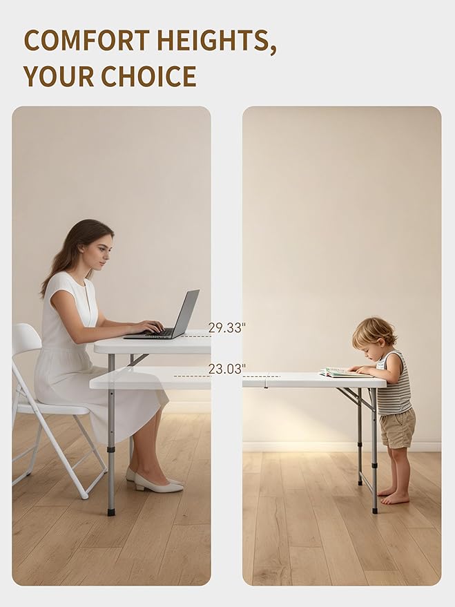 Folding Camping Table 4 Foot Adjustable Height 350lbs, 4FT Folding Picnic Card Table for Outdoor, Plastic Rectangular Dining Work Tables for Indoor, Heavy Duty Fold-in-Half Tray Tables